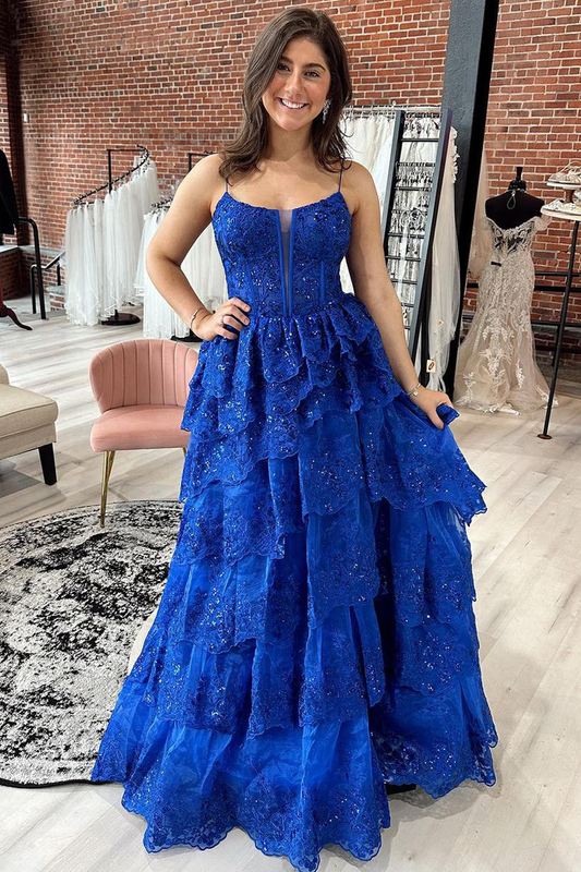 Royal Blue Sequined A-Line Tulle Lace Tiered Long Prom Dress,DP982