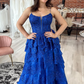 Royal Blue Sequined A-Line Tulle Lace Tiered Long Prom Dress,DP982