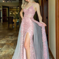 Pink Sexy Spaghetti Straps Side Slit Lace Long Prom Dresses,DP0108