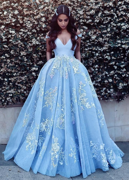 Off Shoulder Sweetheart Ball Gown Prom Dresses With Appliques,DP0211