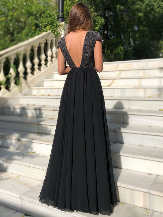 Black A-line Cap Sleeves Open Back Sparkly Modest Prom Dresses,DP0241