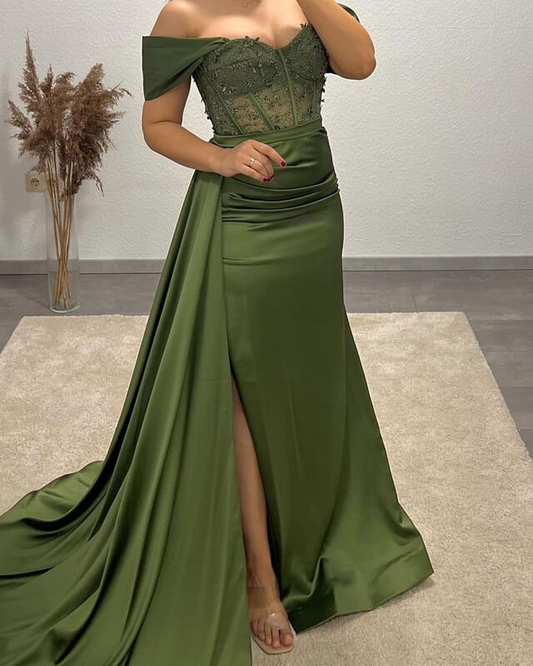 Olive Green Mermaid Satin Applique Gown Prom Dress,DP0100