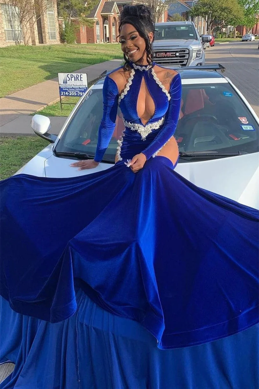 Royal Blue High Neck Long Sleeves Black Girl Mermaid Prom Dress, DP2655