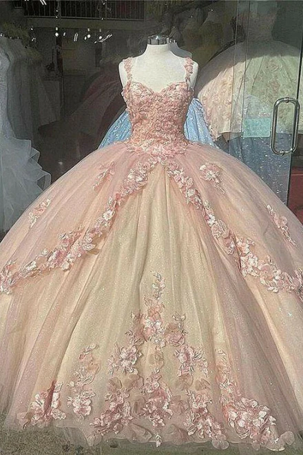 Pink Sweet 16 Straps Appliques Floral Quinceanera Dress Formal Ball Gown, DP2435