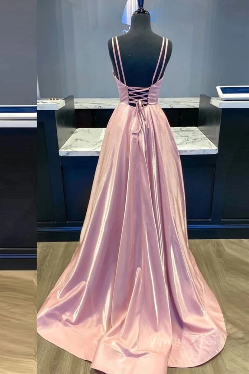 Simple A Line V Neck Pink Satin Long Prom Dresses, V Neck Pink Formal Evening Dresses.DS1681