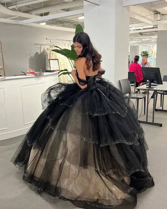 Black Gothic Princess Quinceanera Dresses Off Shoulder Sparkly Layers Sweet 16 Ball Gown, DP2399