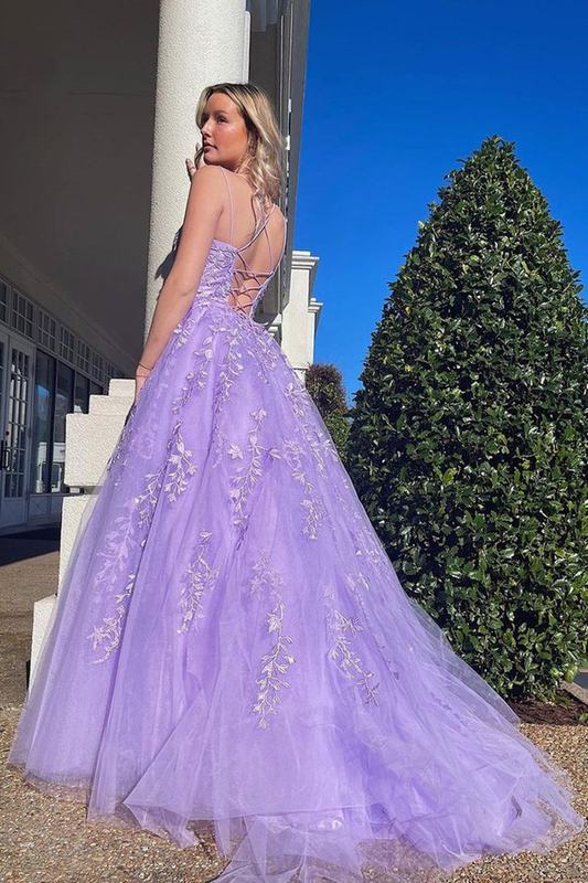 A Line Open Back Purple Lace Long Prom Dresses Formal Evening Dresses,DP0215