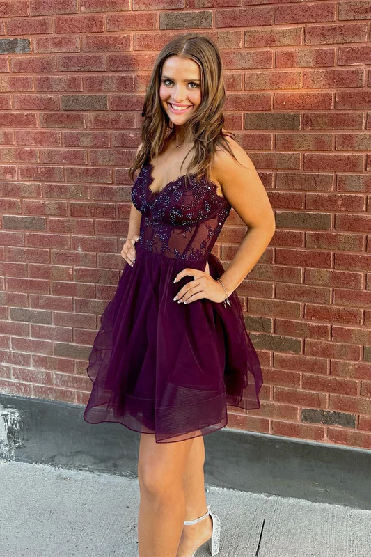 Straps Purple A-line Short Tulle Homecoming Dress, DP2327