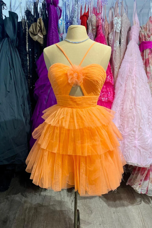 Orange Halter Tulle Tiered Short Party Dress A-Line Homecoming Dress, DP2326