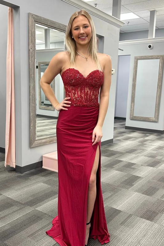 Wine Red Strapless Mermaid Appliques Long Prom Dress with Slit,DP029