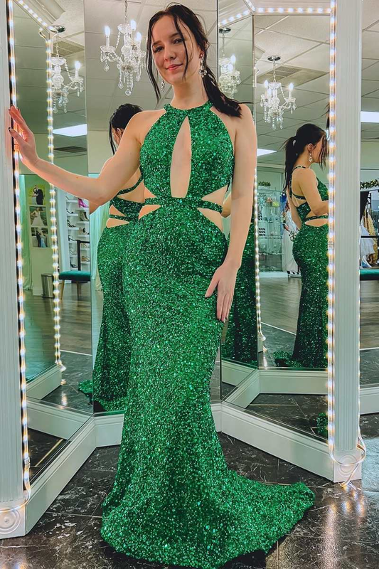 Green Sequin Keyhole Cutout Mermaid Long Formal Dress,DP047