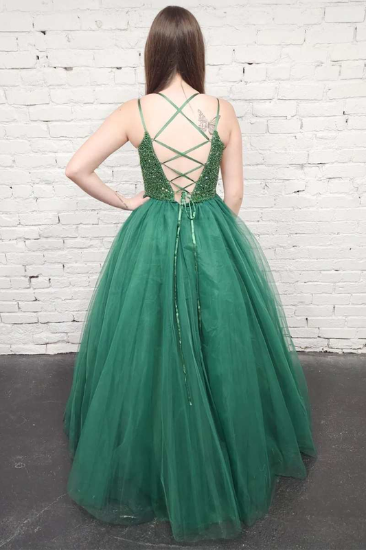 Green Tulle Sequin Lace-Up Back A-Line Prom Gown,DP037