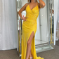 Yellow Surplice Lace-Up Mermaid Sequins Long Prom Dress with Slit,DP033