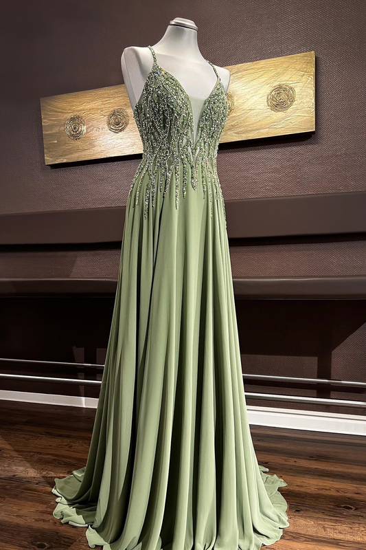 Dusty Sage Beaded Cross Back V Neck Seqins-Embroidery Long Prom Dress,DP022
