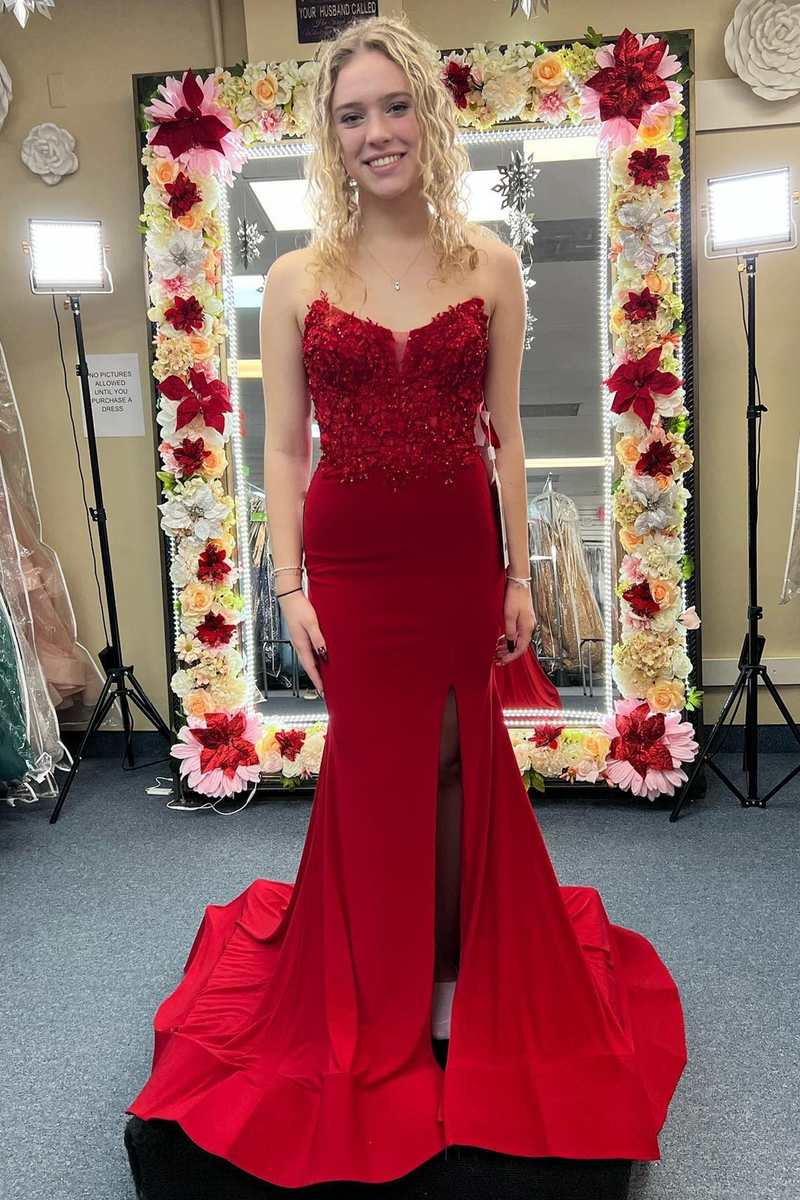 Red 3D Floral Lace Strapless Mermaid Long Prom Dress,DP052 – DSProm