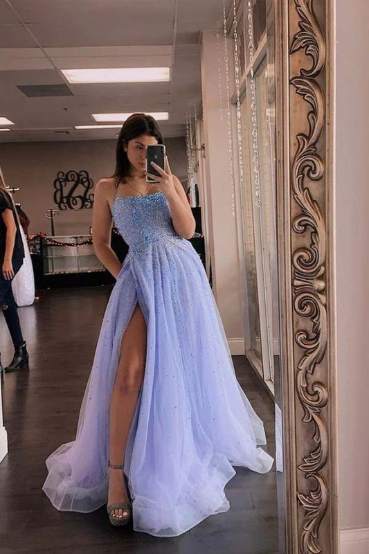 Beaded Long Tulle Formal Evening Dresses With Slit A Line Prom Dresses,DP095