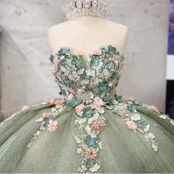 Sage Green Quinceanera Dress Ball Gown Lace Sweet 16 Dress With Flowers, DP2394