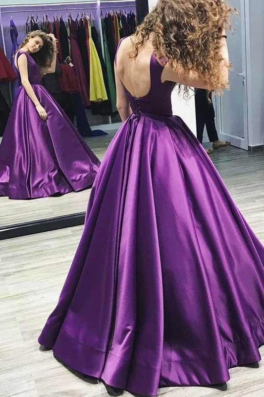 Ball Gown V-Neck Sweep Train Satin Sleeveless Backless Prom Dress,DP0216