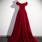 Red Velvet Sequins Long Prom Dress Elegant Off the Shoulder A-Line Formal Dress, DP2471