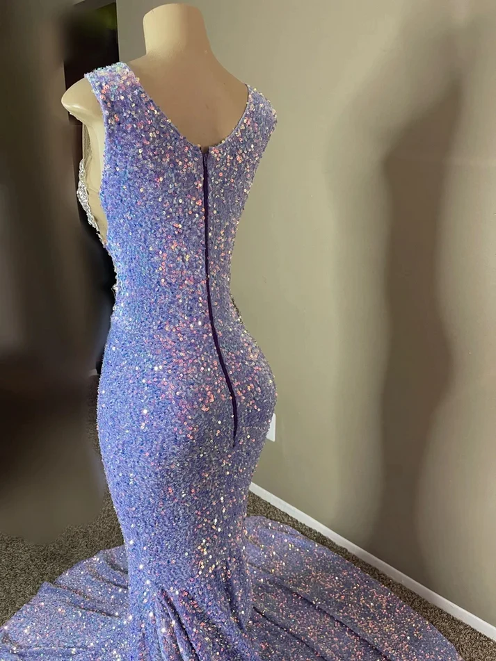 Lilac Prom Dress Mermaid Sequins Appliques Black Girls Evening Gown, DP2388