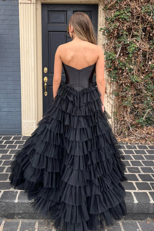 Black Strapless A-line Multi-Layers Tulle Long Prom Dress,DP010