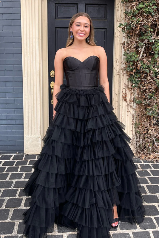 Black Strapless A-line Multi-Layers Tulle Long Prom Dress,DP010