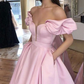 Satin Pocketed Princess Prom Formal Dress Puffy Sleeves Evening Party Dress Long,DP0146