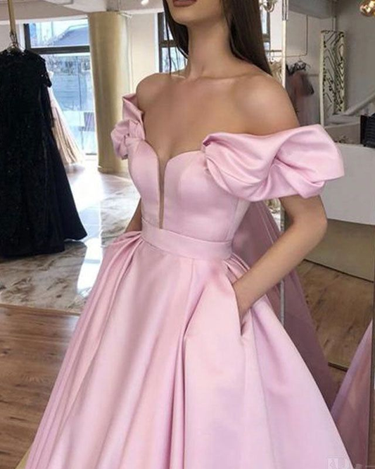 Satin Pocketed Princess Prom Formal Dress Puffy Sleeves Evening Party Dress Long,DP0146