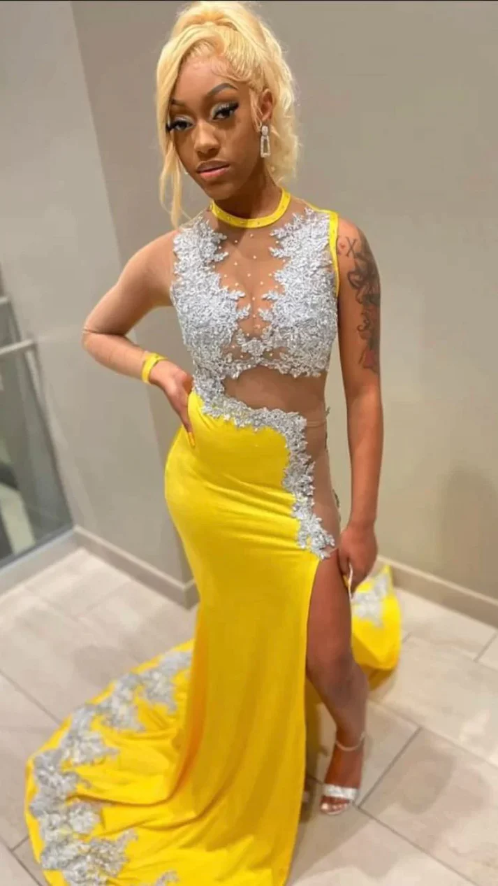 Yellow Appliques Lace Evening Dress Black Girl Mermaid Party Dress, DP2385