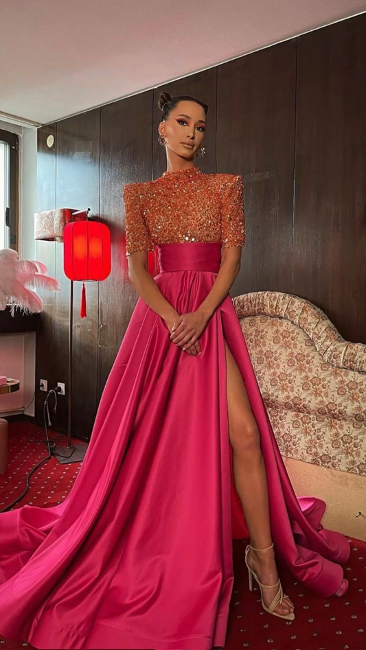 High Neck Half Sleeves Prom Dress Fuchsia Long Split With Sequins,DP075