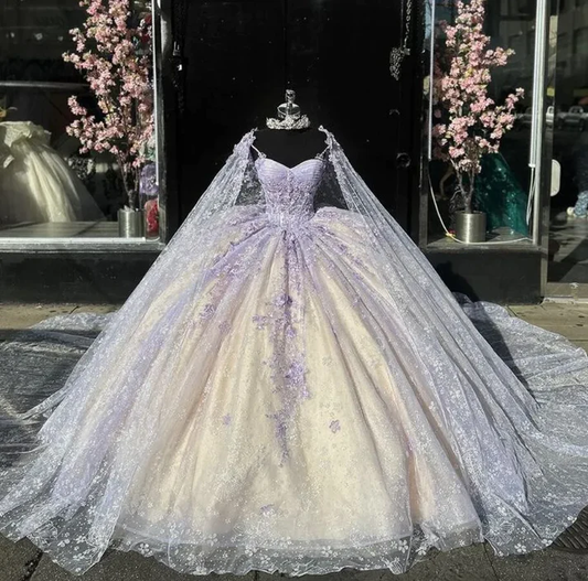Light Lilac Quinceanera Dressess with Cape Butterfly Applique Sweet 16 Ball Gown, DP2397