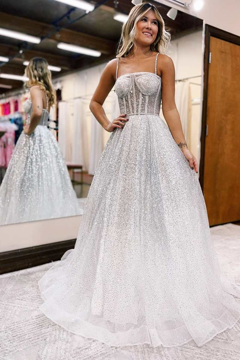 Silver Ombre Sequins Princess Straps A-Line Prom Gown,DP036
