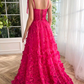 Fuchsia Tulle Prom Dresses Appliques Evening Party Gowns Spaghetti Straps,DP098