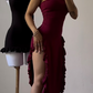 Burgundy Strapless Sheath Midi Length Ruffle Sexy Evening Dress, DP2587