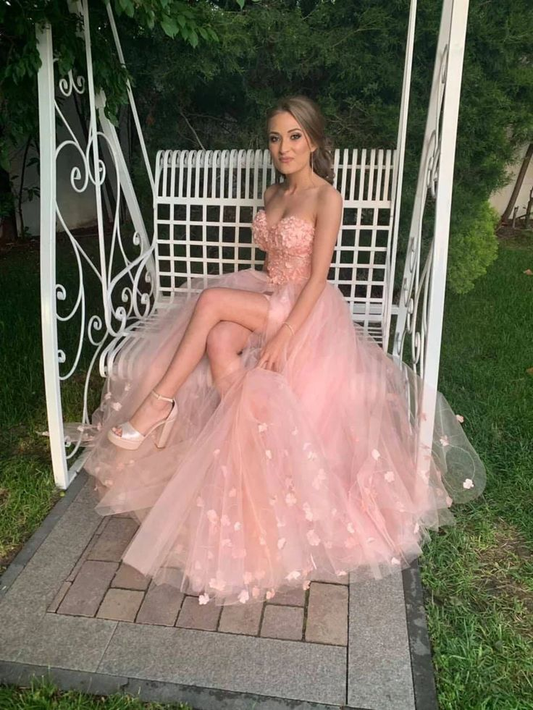 Pink Tulle Wedding Dress Floral Bridal Gown Corset Party Prom Dress,DP0214