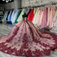 Burgundy Princess Luxury Quinceanera Dresses Beaded Floral Applique Corset Sweet 16 Chapel Train, DP2398