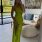 Green Satin Simple Long Party Dress with Slit, DP2451