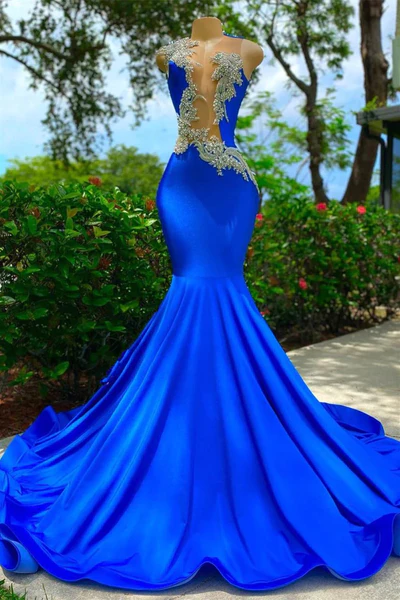 Royal Blue Long Mermaid Appliques Sequined Black Girl Prom Dress, DP2307