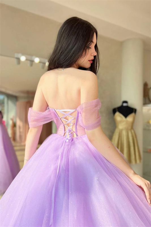 Lilac Off-the-Shoulder Lace-Up Tulle Long Prom Dress,DP039