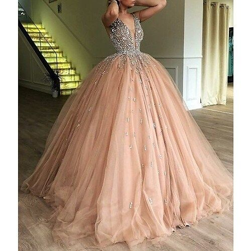Ball Gown Evening Gown Sparkle Shine Dress Quinceanera Prom Floor Length Sleeveless V Neck Satin with Crystals Sequin,DP0249