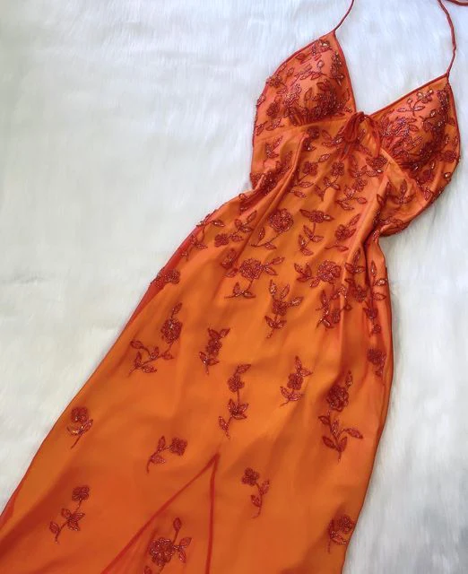 Orange Halter Beading Appliques Vintage Long Party Dress, DP2494