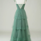 A Line Spaghetti Straps Tulle Tiered Long Prom Dress Bridesmaid Dress, DP2575