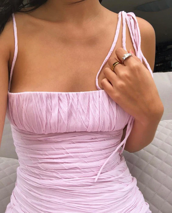 Pink Spaghetti Straps Pleated Long Party Dress Wedding Guest Dress,DP1987