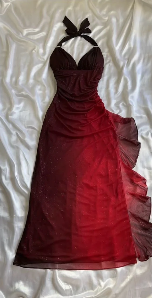 Burgundy V Neck Halter Shiny Vintage Long Prom Dress, DP2118