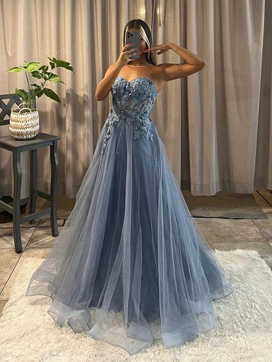 Elegant Sleeveless Sweetheart A-line Tulle Blue Prom Dresses Formal Dress,DP093