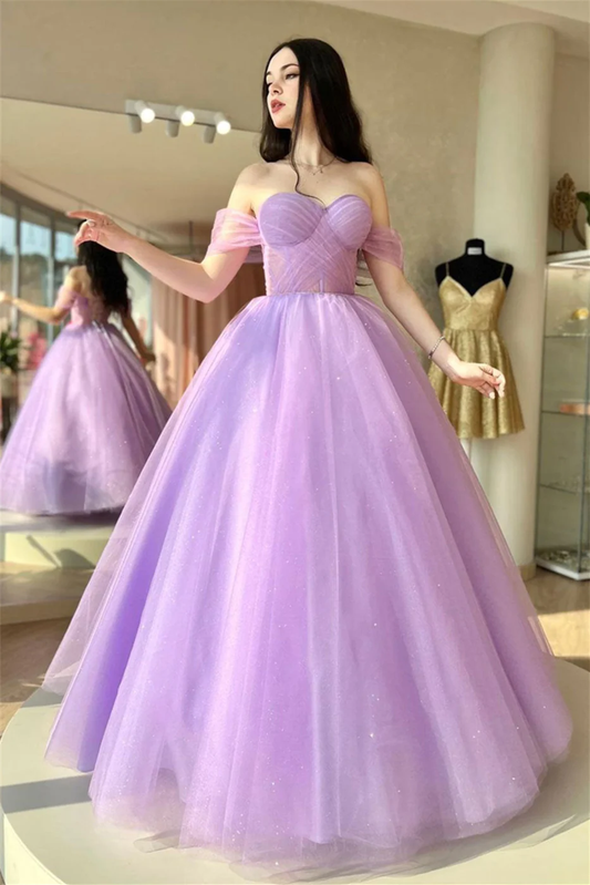 Lilac Off-the-Shoulder Lace-Up Tulle Long Prom Dress,DP039