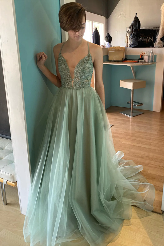 Dusty Sage Deep V Neck Appliques Lace-Up Tulle Long Prom Dress,DP018