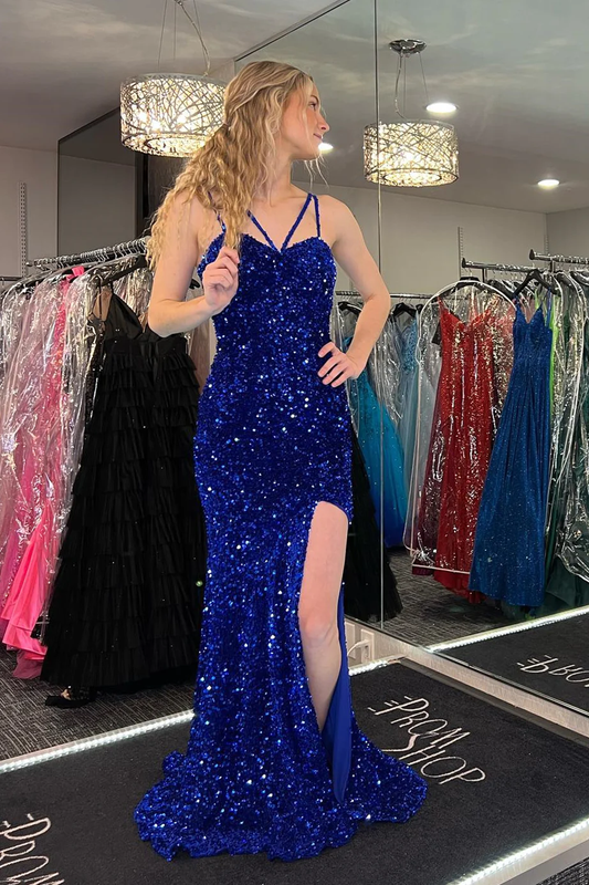 Royal Blue Mermaid Straps Sequins Long Prom Dress with Slit,DP019