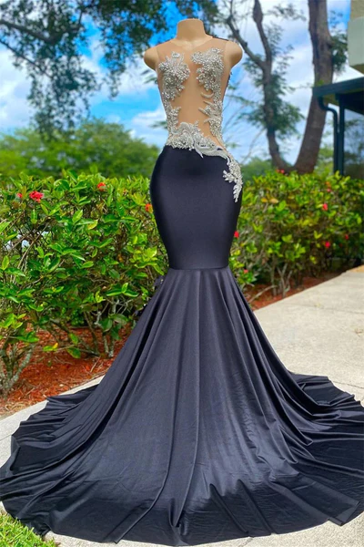 Black Long Mermaid V Neck Appliques Lace Sequined Black Girl Prom Dress, DP2306