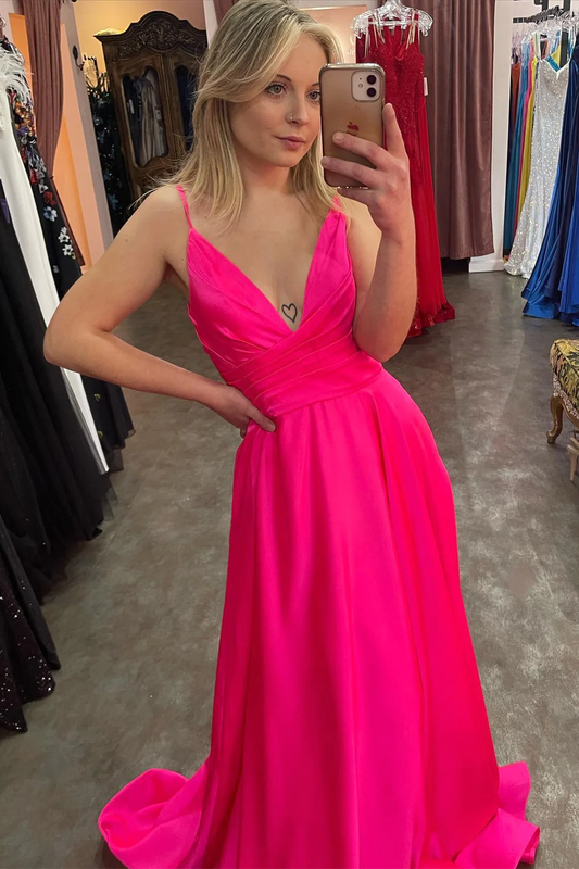 Fuchsia Plunging V Neck Straps A-line Satin Long Prom Dress with Slit,DP012